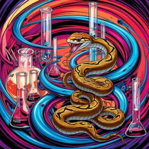 lab beakers and other equipment swirling around in a lab, anime, add a king snake, using psychedelic colors